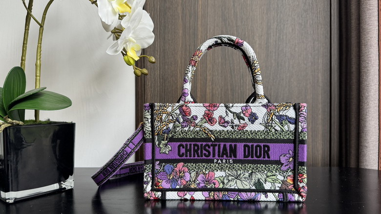 Christian Dior Book Tote Mini in Purple Multicolor Floral Embroidery