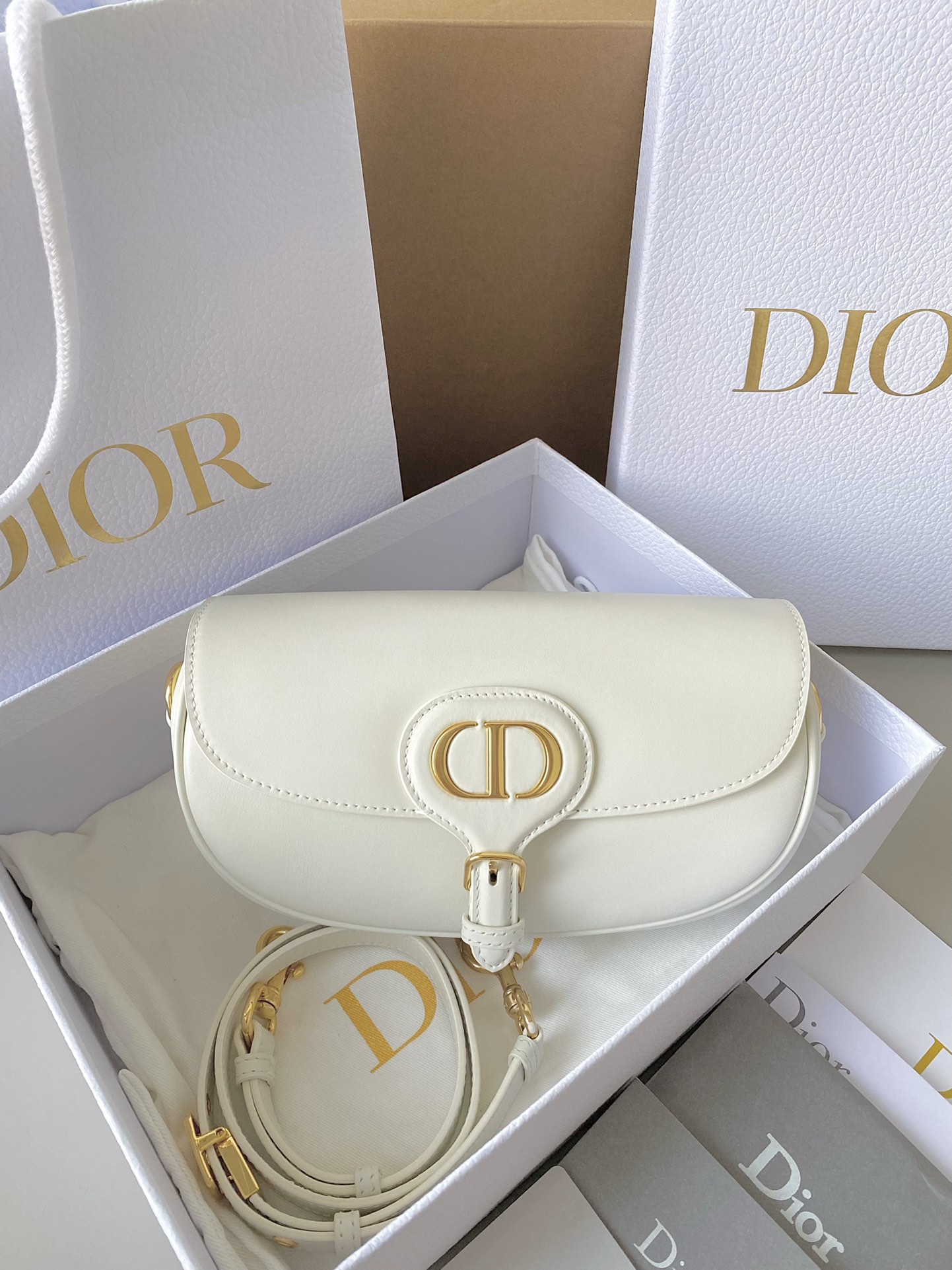 Dior Bobby East-West Shoulder Bag in White Smooth Leather with Gold CD Clasp