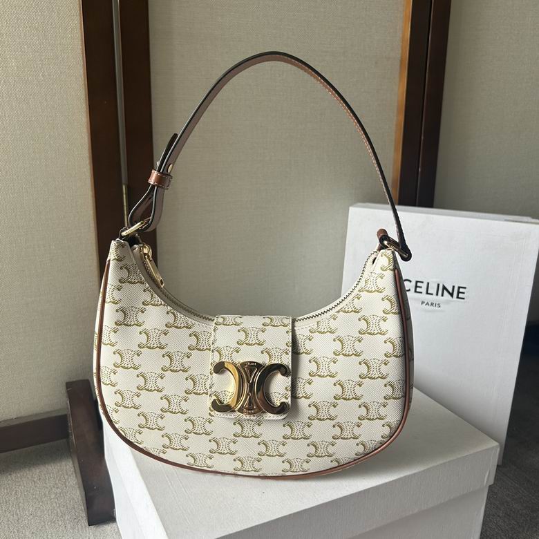 Celine Ava Triomphe Shoulder Bag in White Triomphe Canvas with Tan Trim