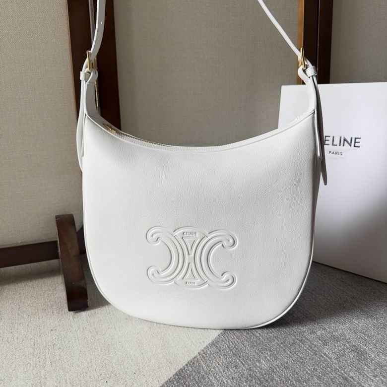 Celine Heloise Hobo Shoulder Bag in White Grained Leather with Triomphe Emblem