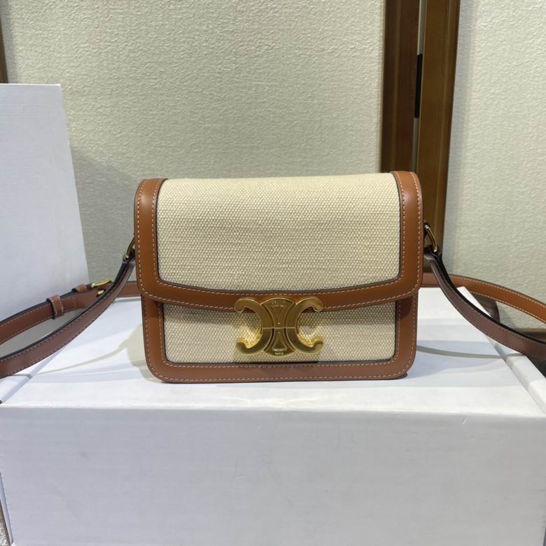 Celine Triomphe Teen Shoulder Bag in Natural Textile with Tan Calfskin