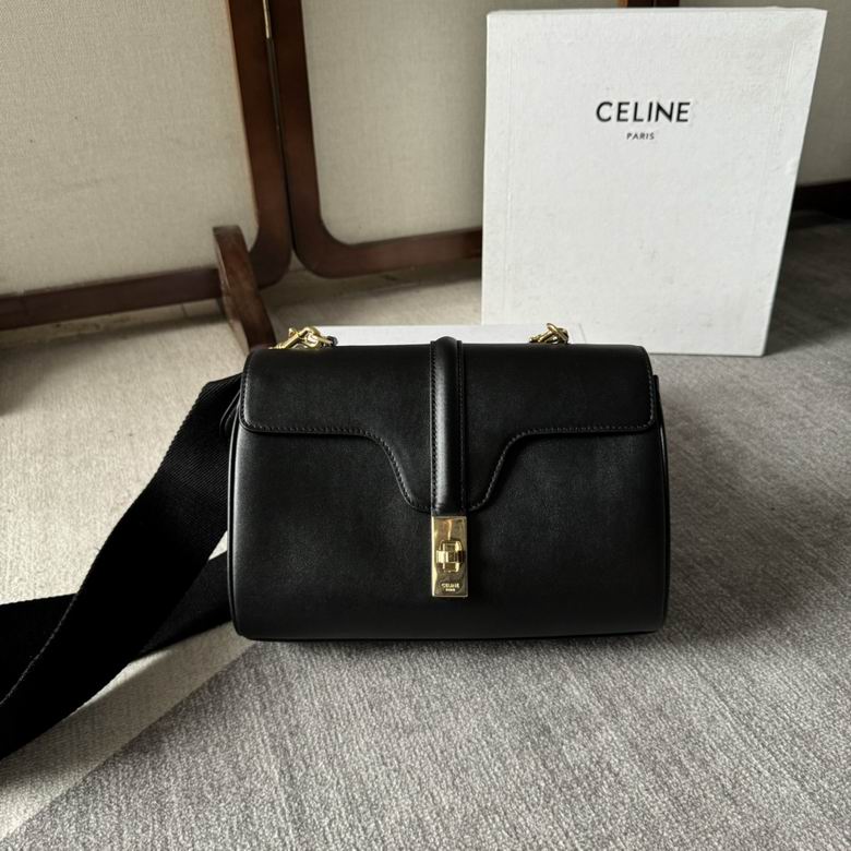 Celine Soft 16 Small Shoulder Bag in Black Smooth Calfskin with Gold Turn-Lock