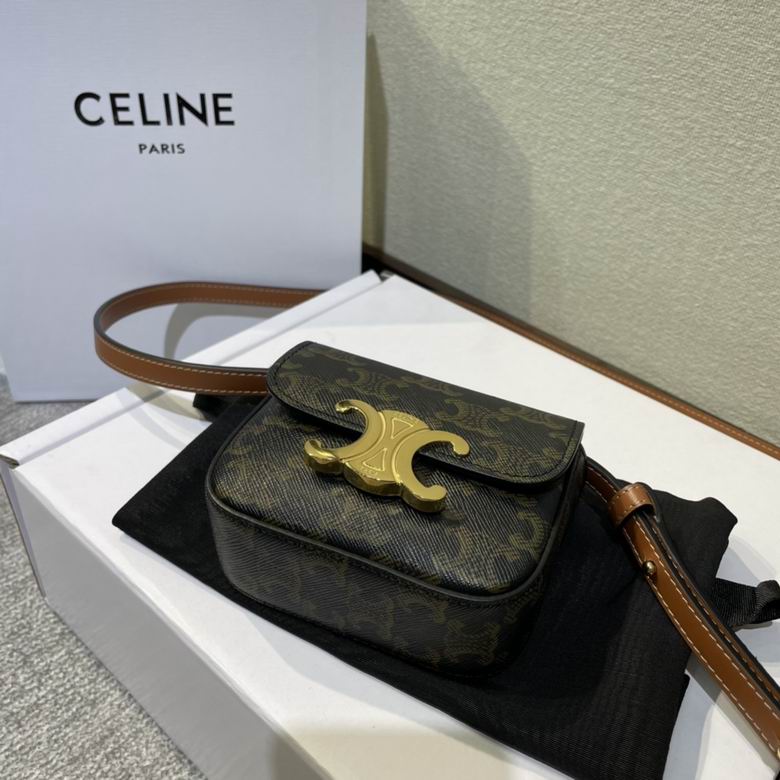 Celine Triomphe Mini Shoulder Bag in Triomphe Canvas with Tan Leather Strap