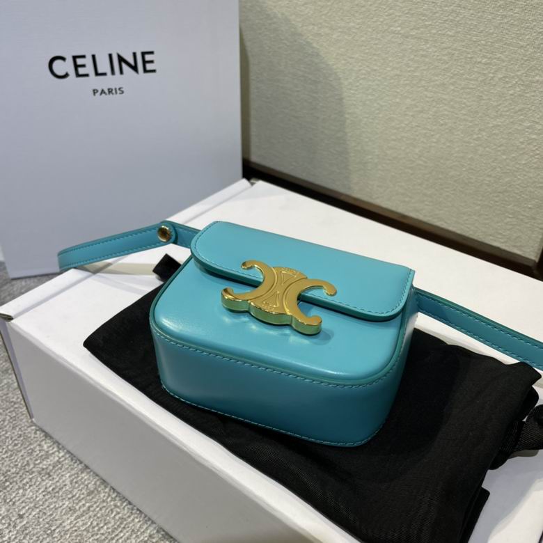 Celine Triomphe Mini Belt Bag in Turquoise Shiny Calfskin with Gold Clasp