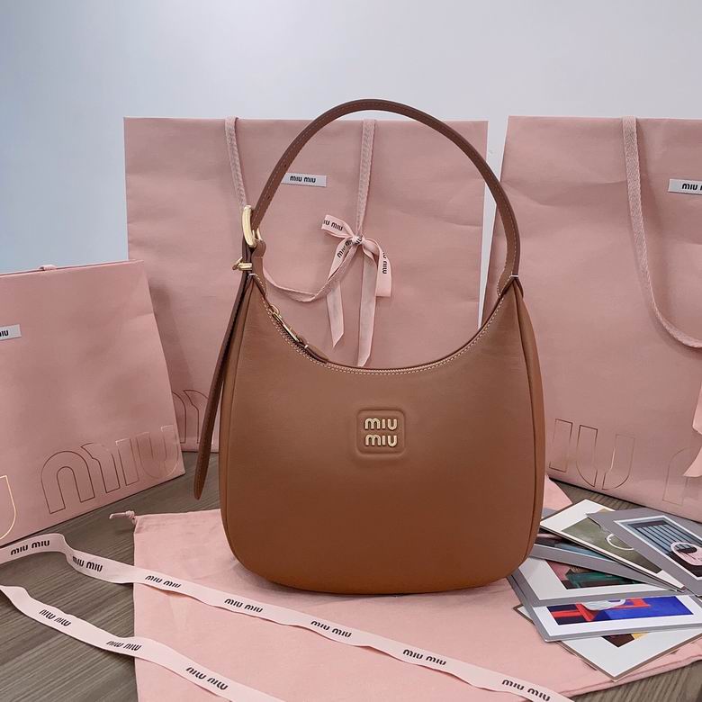 Miu Miu 5BC151 Hobo Shoulder Bag in Tan Leather with Logo Patch