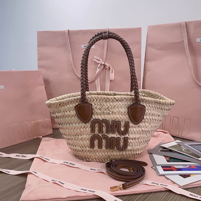 Miu Miu Small Woven Basket Tote in Natural Straw with Brown Leather Logo
