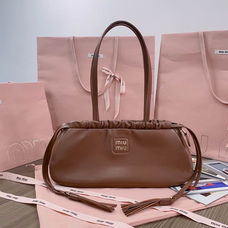 Miu Miu 5BG287 Gathered Shoulder Bag with Tassels in Brown Leather