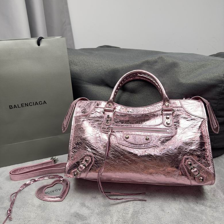 Balenciaga Le Cagole Top-Handle Bag in Metallic Pink Crinkled Leather