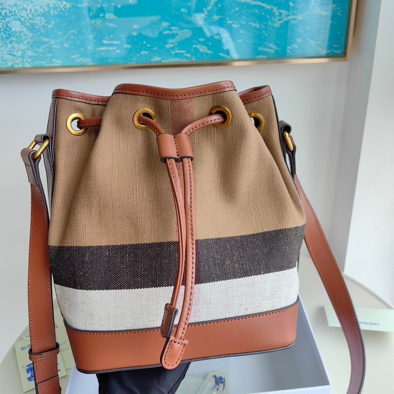 Burberry Check Canvas Drawstring Bucket Bag with Tan Leather Trim