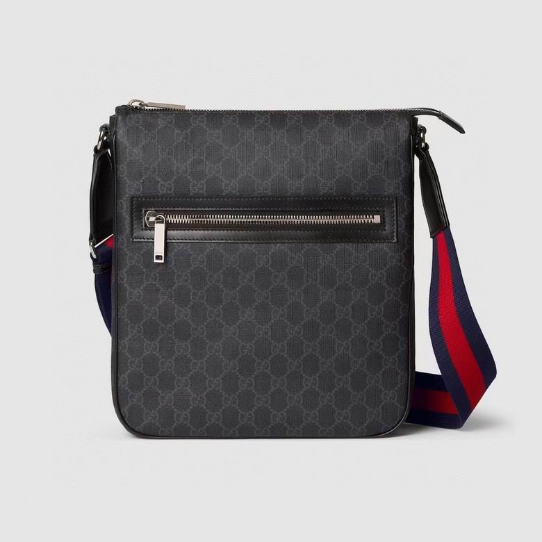 Gucci GG Supreme Messenger Crossbody Bag in Black and Grey with Web Strap