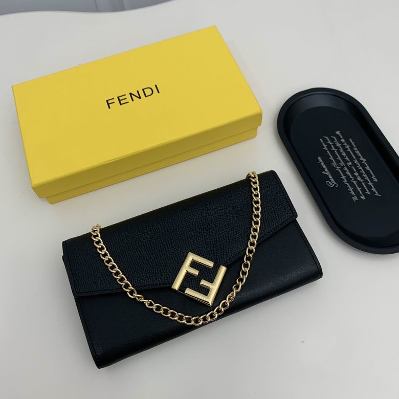 Fendi FF Logo Chain Wallet in Black Leather with Gold Hardware