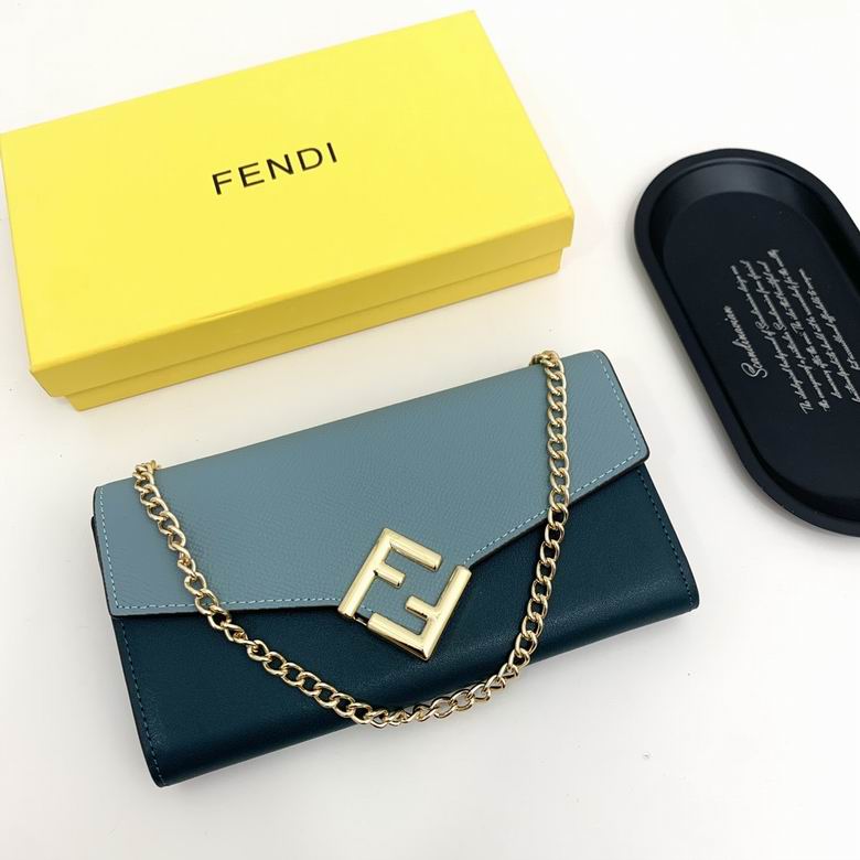 Fendi FF Logo Chain Wallet in Light Blue and Dark Teal Leather