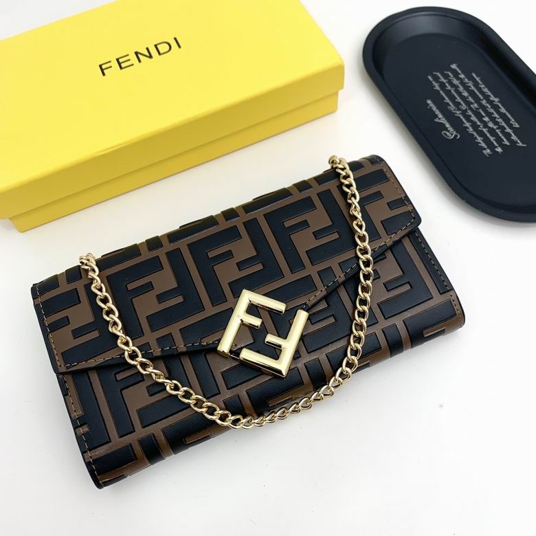Fendi FF Logo Chain Wallet in Brown and Black Embossed Leather