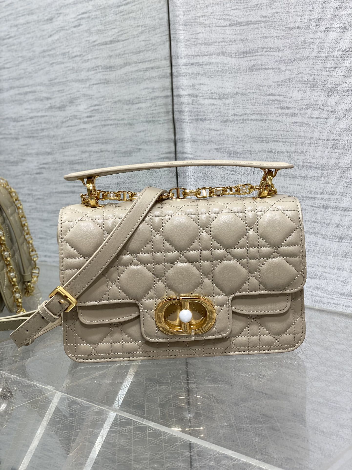 Christian Dior Dior Jolie Top-Handle Bag in Beige Cannage Quilted Leather