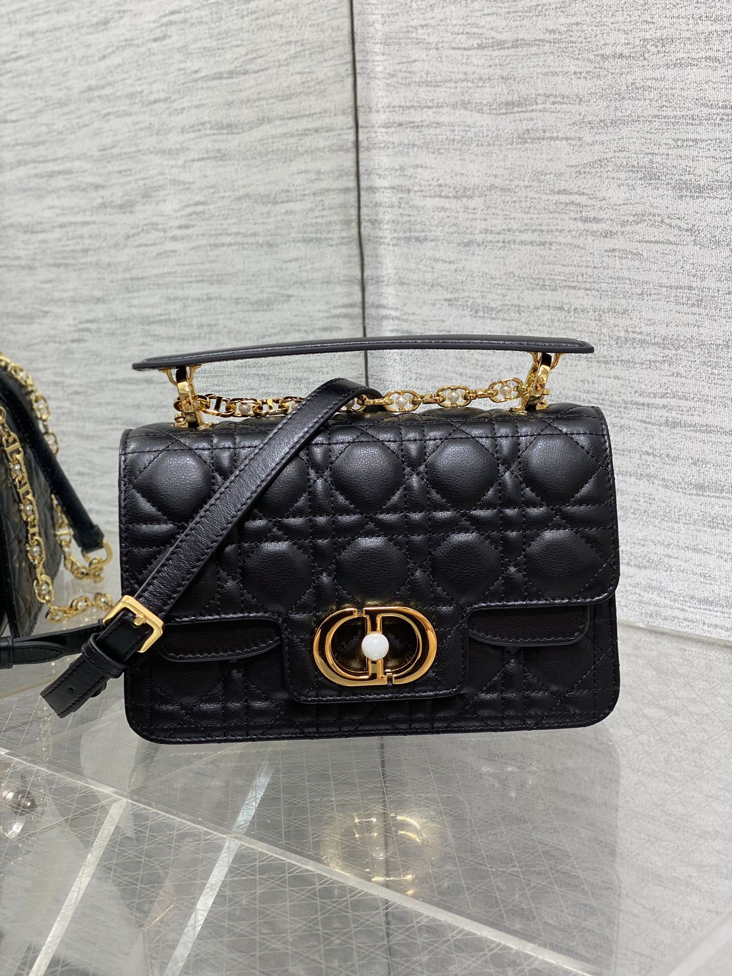 Christian Dior Dior Jolie Top-Handle Flap Bag in Black Cannage Leather