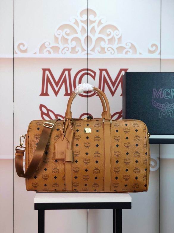 MCM Visetos Weekender Travel Duffle Bag in Cognac with Shoulder Strap