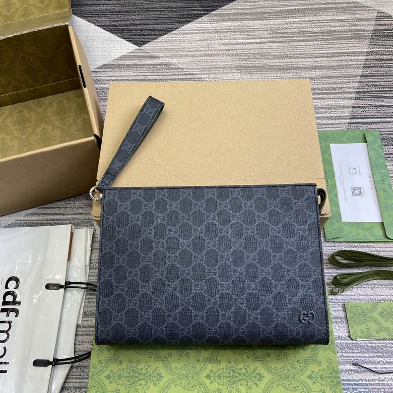 Gucci GG Supreme Canvas Zip Pouch with Wrist Strap in Black and Grey