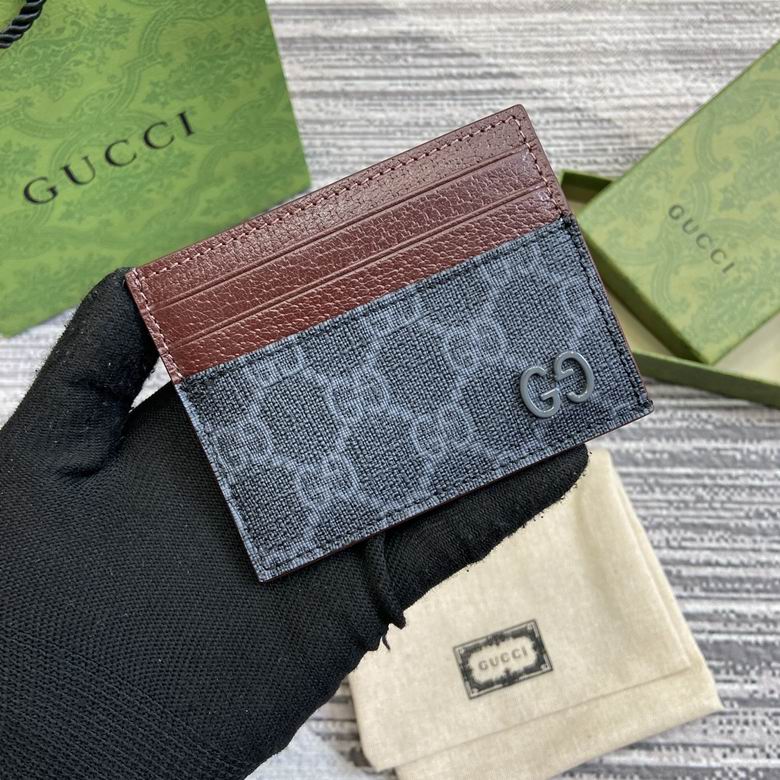 Gucci GG Card Case in Black Grey GG Supreme Canvas with Burgundy Leather
