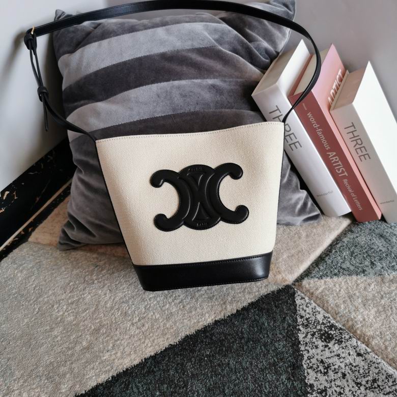 Celine Triomphe Bucket Bag in Cream Textile with Black Leather Trim