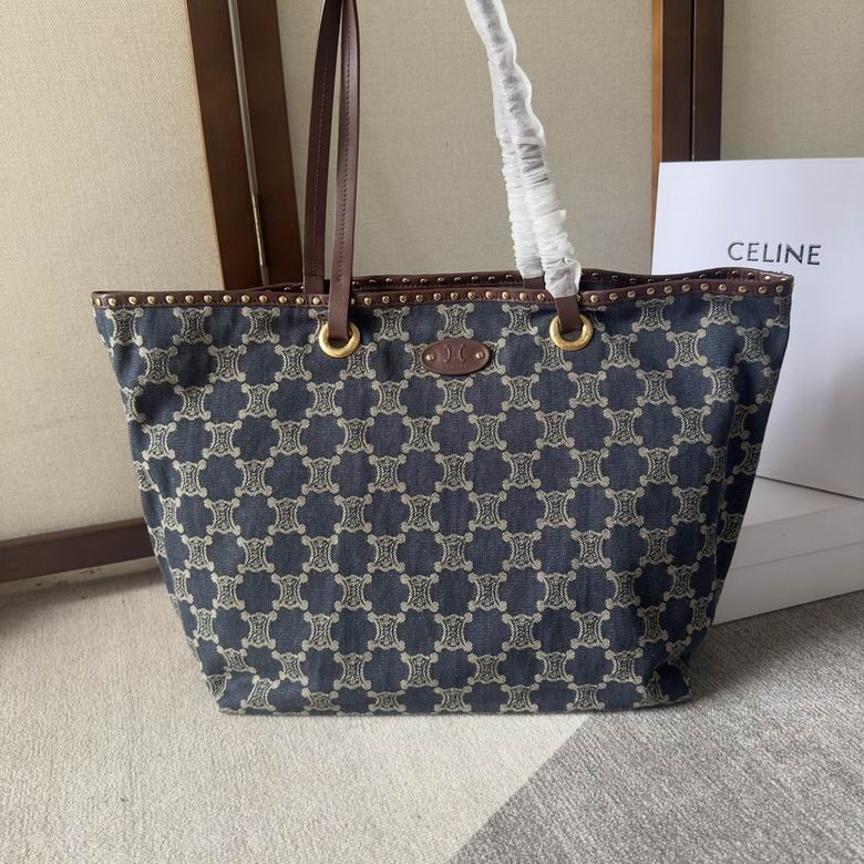 Celine Studded Tote Bag in Blue Triomphe Denim Jacquard with Brown Trim