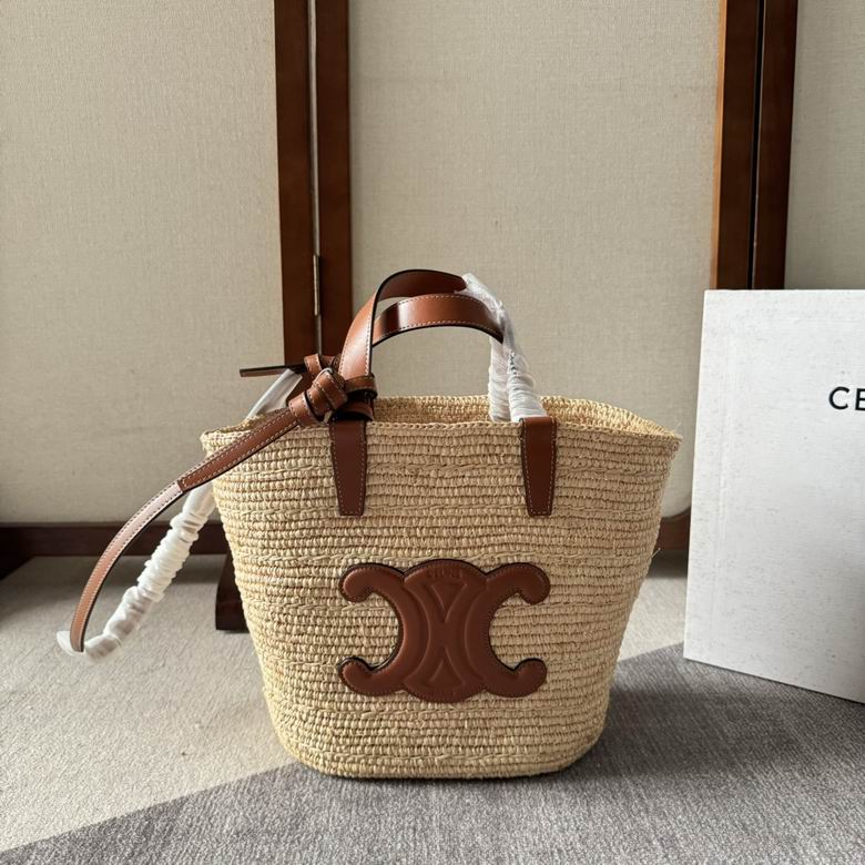 Celine Triomphe Small Basket Tote in Natural Raffia with Tan Leather