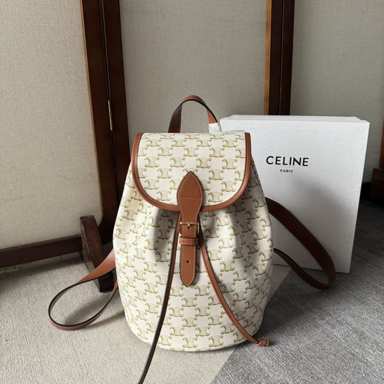 Celine Medium Backpack in White Triomphe Canvas with Tan Calfskin Trim
