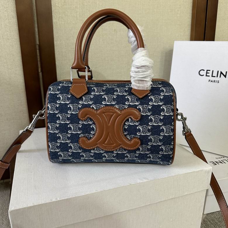 Celine Small Boston Bag in Blue Triomphe Denim Jacquard with Tan Calfskin