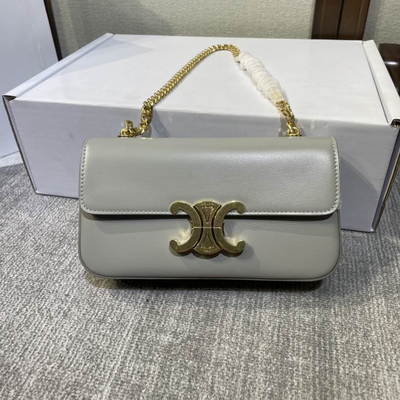 Celine Triomphe Chain Shoulder Bag in Light Gray Smooth Leather