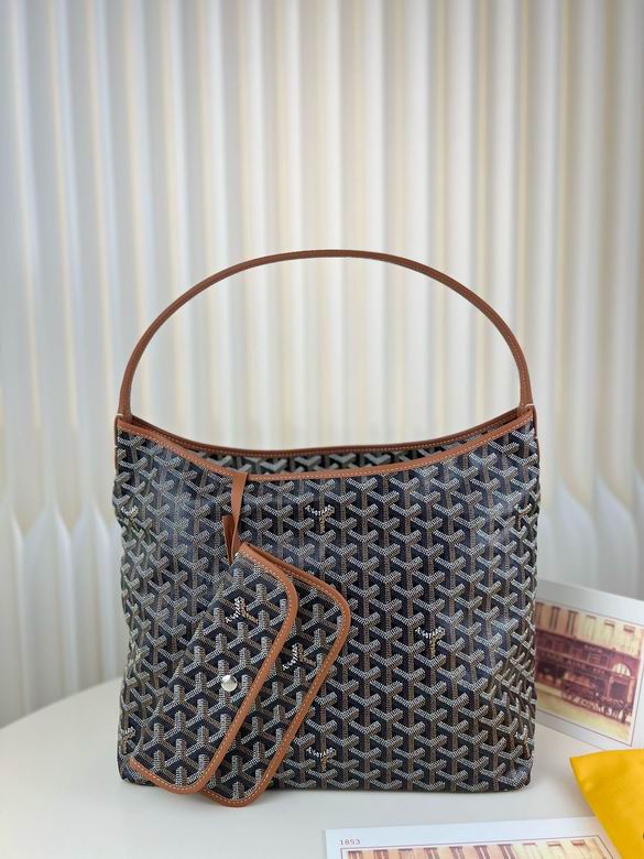 Goyard Hobo Shoulder Bag in Black Goyardine Canvas with Tan Leather Trim