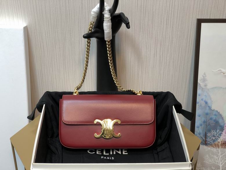 Celine Triomphe Chain Shoulder Bag in Burgundy Smooth Leather with Gold Hardware
