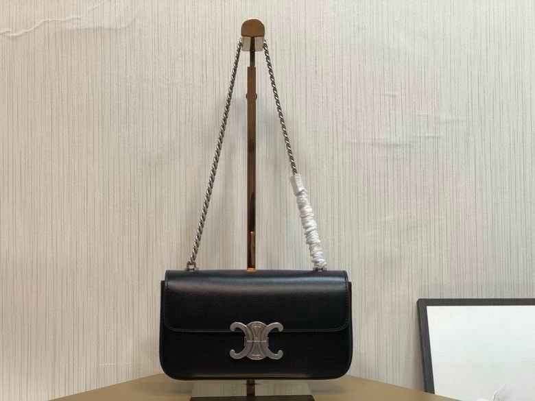 Celine Triomphe Chain Shoulder Bag in Black Smooth Leather with Silver Hardware