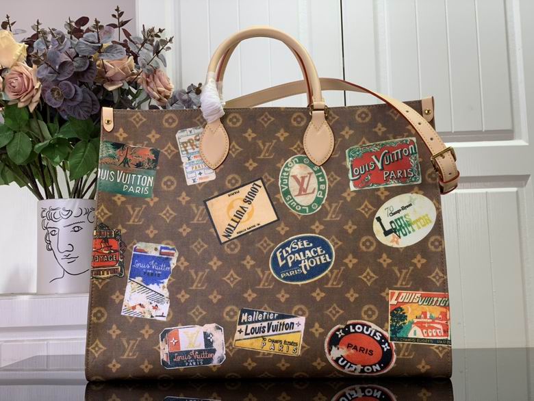 Louis Vuitton OnTheGo MM Tote in Monogram Canvas with Travel Sticker Print