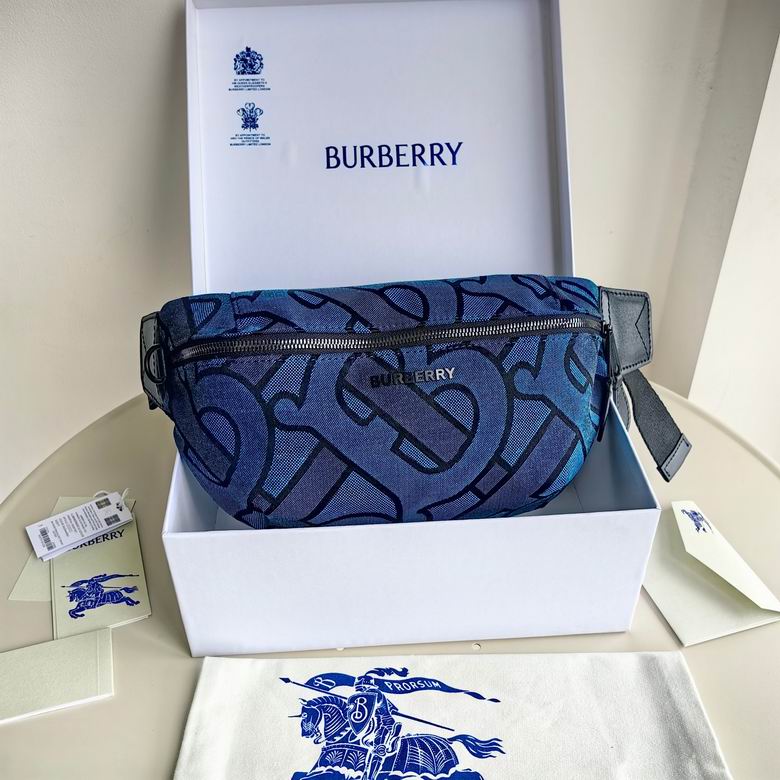 Burberry Sonny Monogram Print Belt Bag in Blue Jacquard with Leather Trim