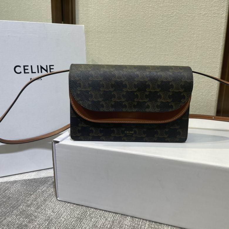 Celine Triomphe Canvas Flap Crossbody Bag in Tan with Brown Calfskin Trim