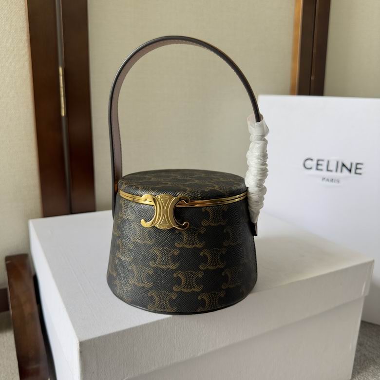 Celine Triomphe Canvas Bucket Top-Handle Bag in Brown with Gold Hardware