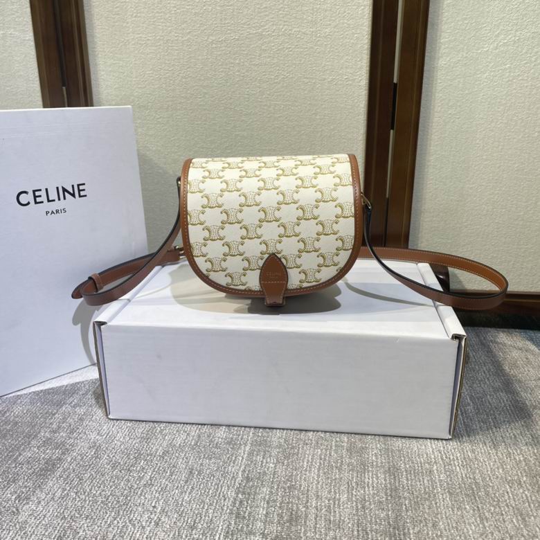 Celine Folco Small Crossbody Bag in Triomphe Canvas and Tan Calfskin