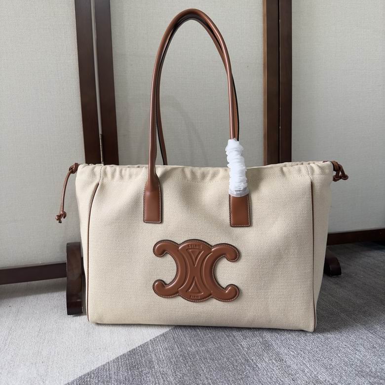 Celine Cabas Drawstring Tote Bag in Natural Textile with Tan Triomphe Patch