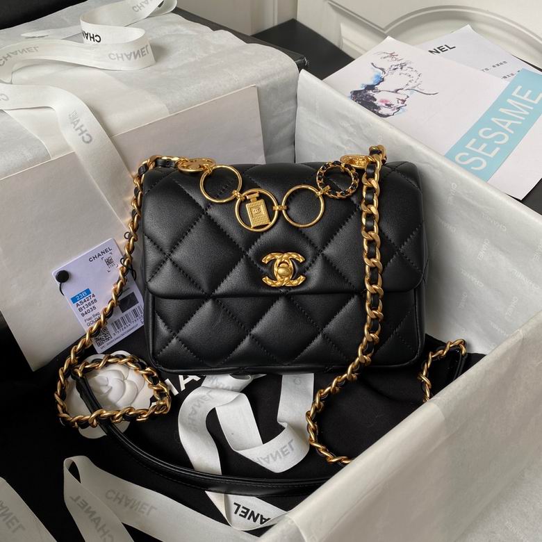 Chanel Mini Flap Bag with Perfume Bottle Charm Chain in Black Quilted Leather