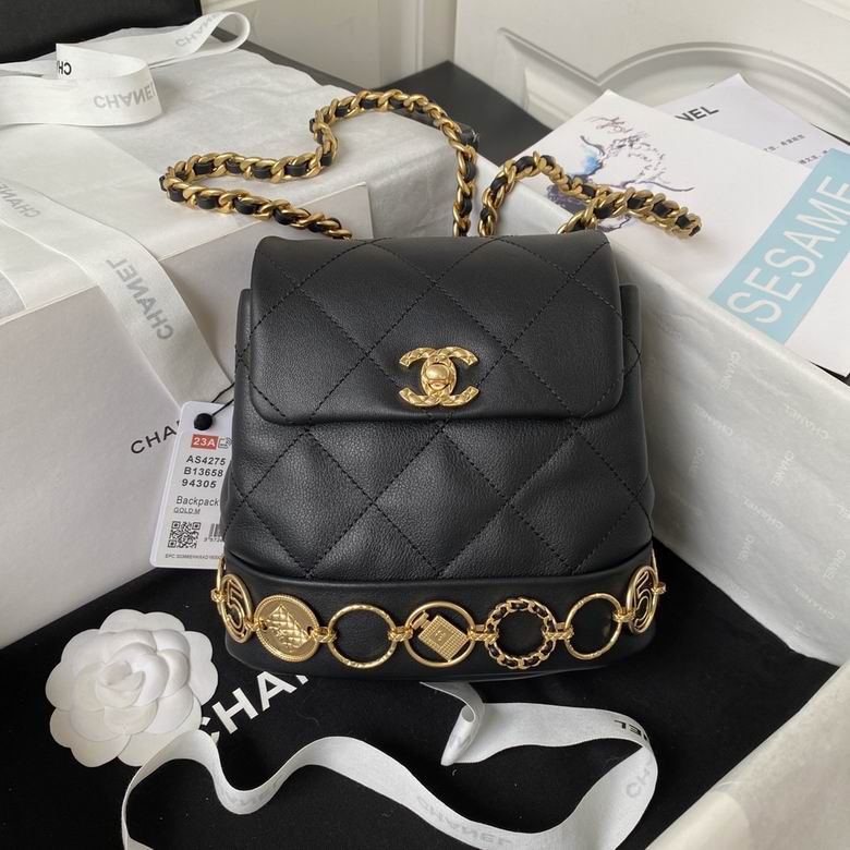 Chanel Mini Backpack with Charm Chain Trim in Black Quilted Leather