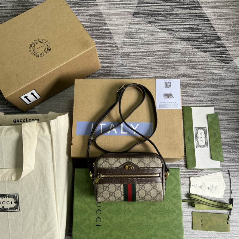 Gucci Ophidia GG Mini Crossbody Bag in Beige and Ebony GG Supreme Canvas