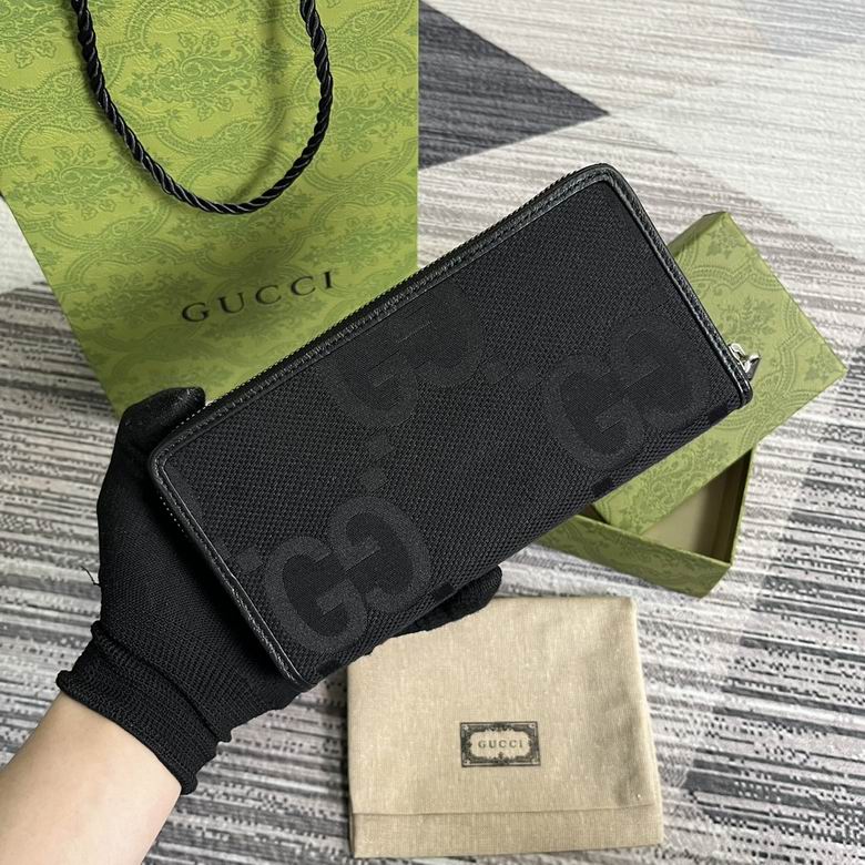 Gucci Jumbo GG Zip-Around Wallet in Black Canvas with Leather Trim