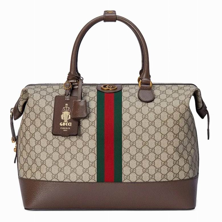 Gucci Savoy Medium Duffle Bag in Beige GG Supreme Canvas with Web Stripe