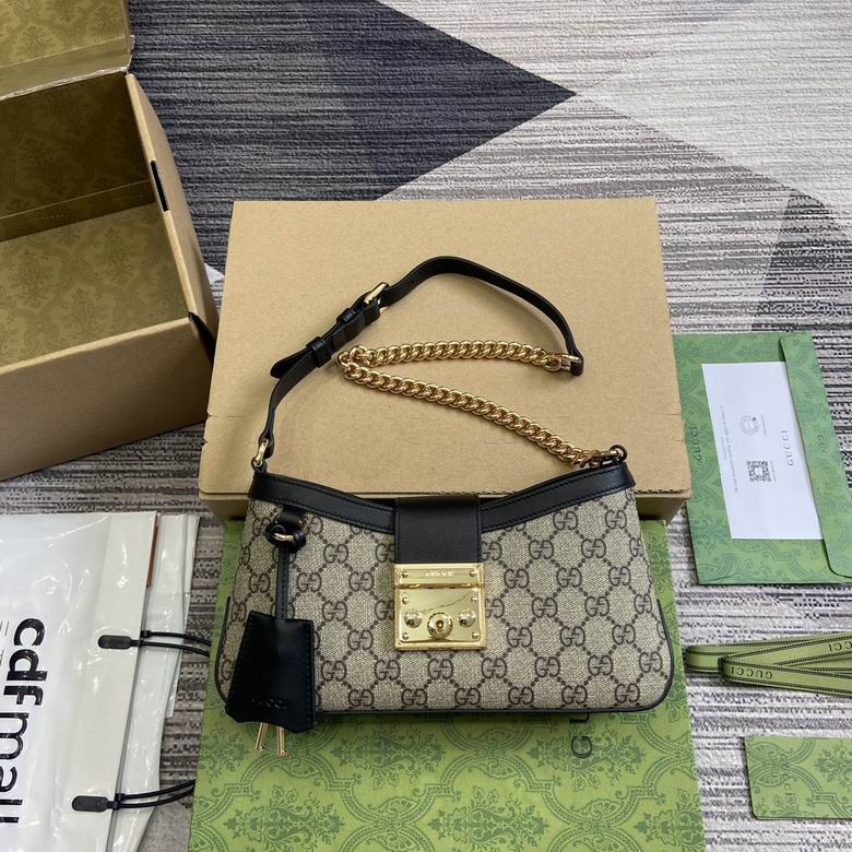 Gucci Padlock Small Shoulder Bag in Beige GG Supreme Canvas with Black Trim