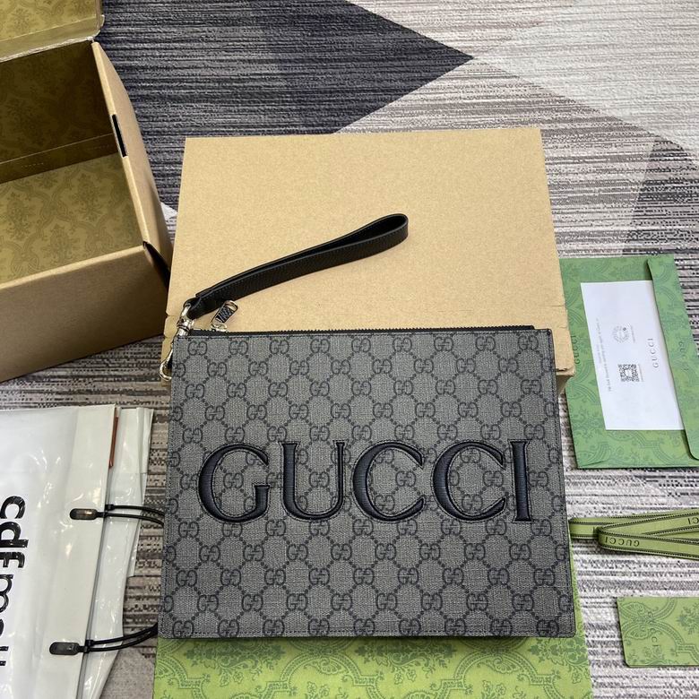 Gucci GG Supreme Zip Pouch with Wrist Strap in Grey and Black
