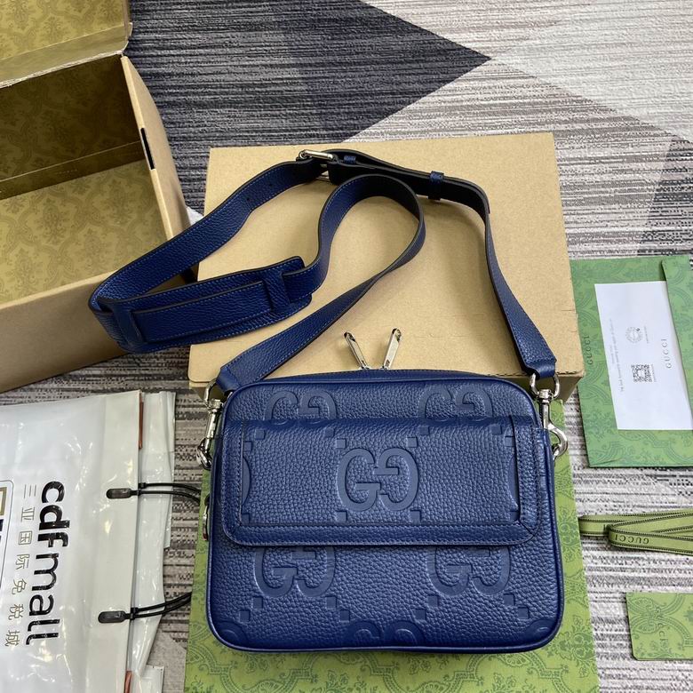 Gucci Jumbo GG Small Crossbody Messenger Bag in Blue Embossed Leather