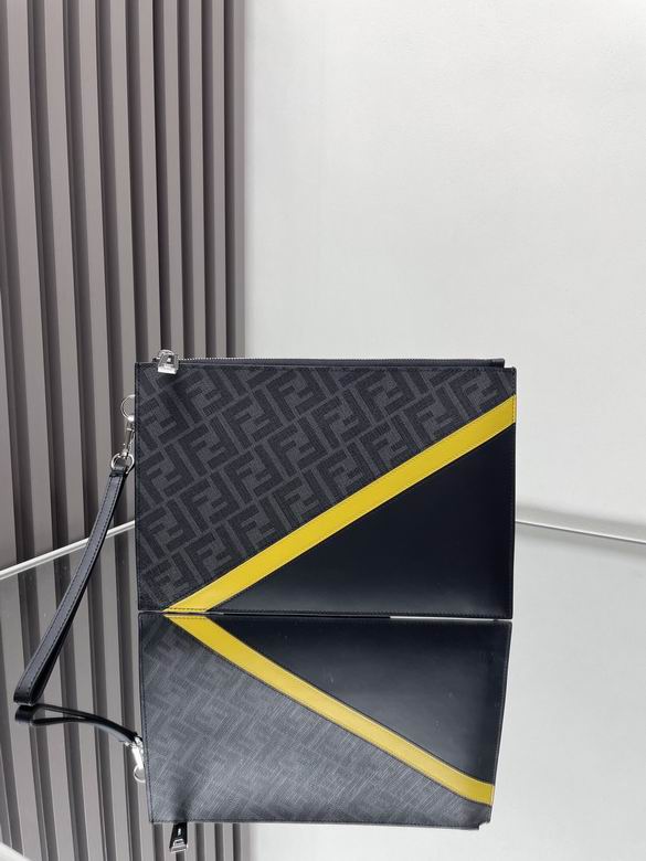 Fendi Flat Zip Pouch with Wrist Strap in Black FF Fabric and Yellow Diagonal Stripe