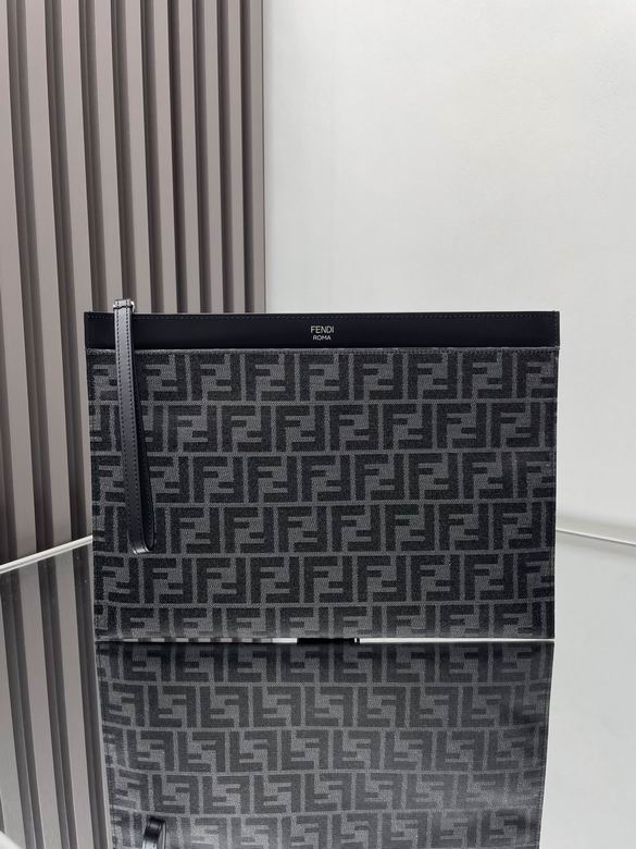 Fendi FF Logo Flat Zip Pouch Clutch with Wrist Strap in Grey and Black