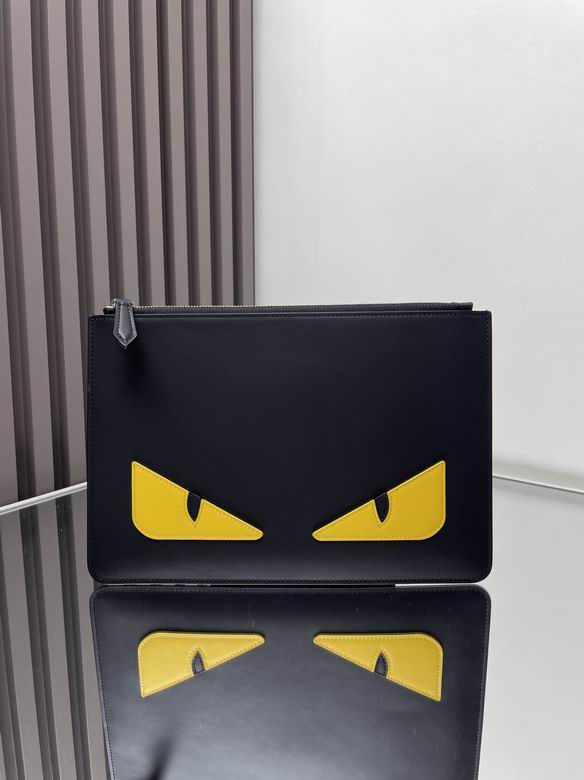 Fendi Bag Bugs Flat Zip Pouch Clutch in Black Leather with Yellow Eyes