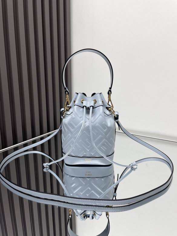 Fendi Mon Tresor Mini Bucket Bag in Light Blue FF Embossed Leather