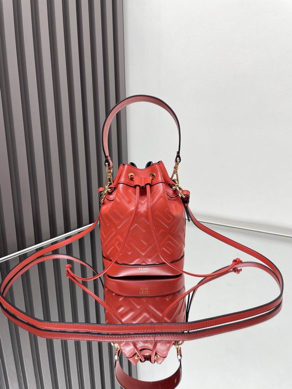 Fendi Mon Tresor Mini Drawstring Bucket Bag in Red FF Embossed Leather